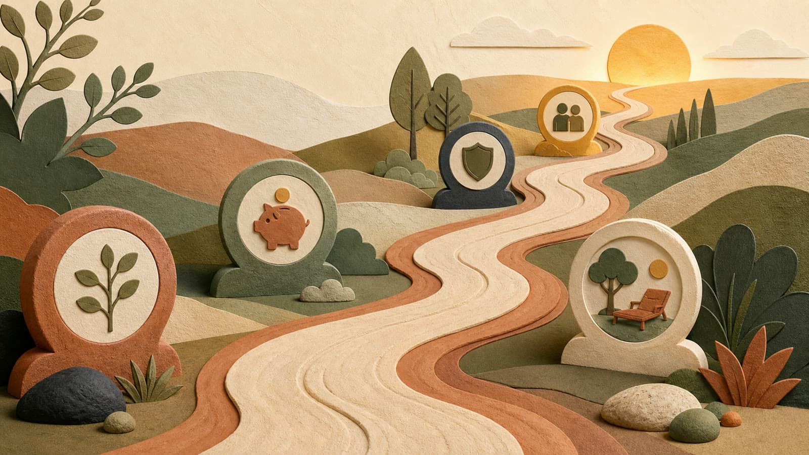 A clay road winding through layered milestones toward a warm horizon